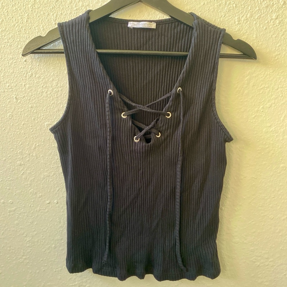 Zara Gray Ribbed Tie Front Tank Top